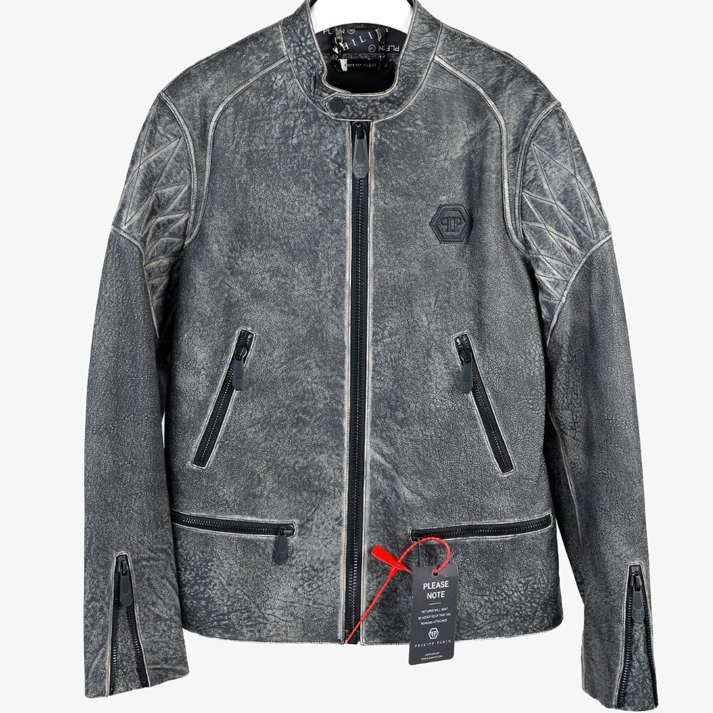 Philipp Plein Grey Black Skull Leather Moto Jacket